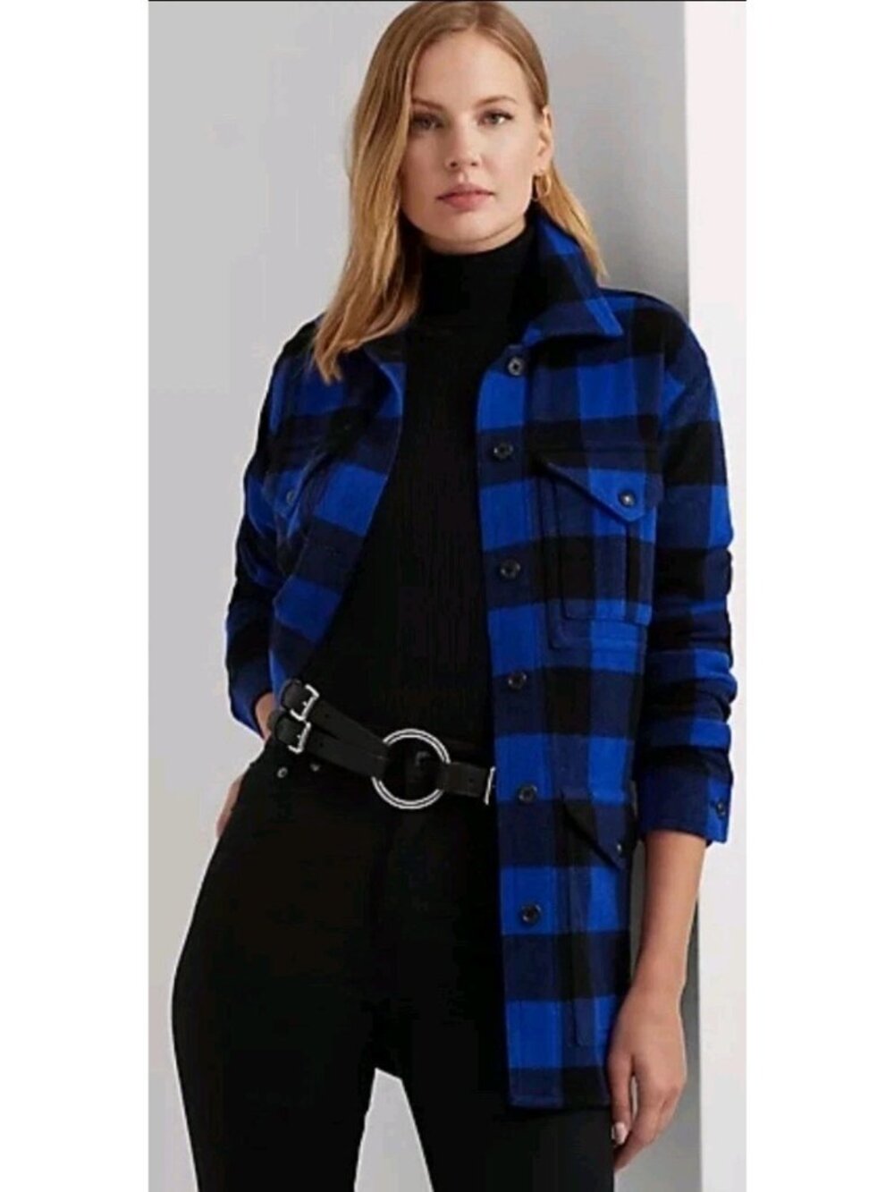 Lauren Ralph Lauren Buffalo Check Twill Shirt Jacket Blue Black Women's XL